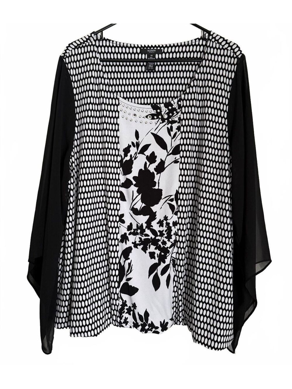 Alfani Women's Blouse Size 3X Black White Floral Blouson Geometric Beaded Retro